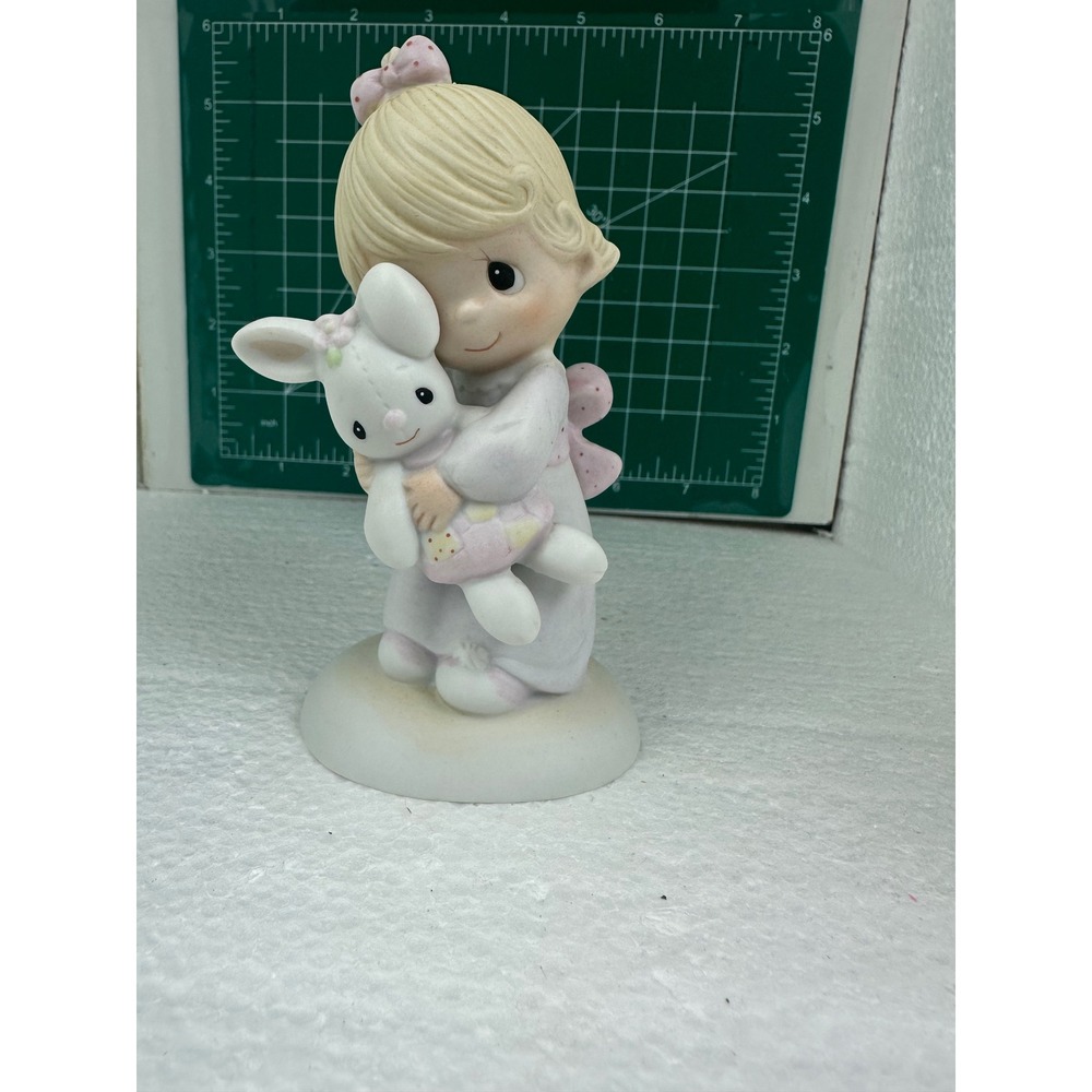 Precious Moments Figurine Girl Hugging Bunny Rabbit Jesus Loves Me 1977 Enesco